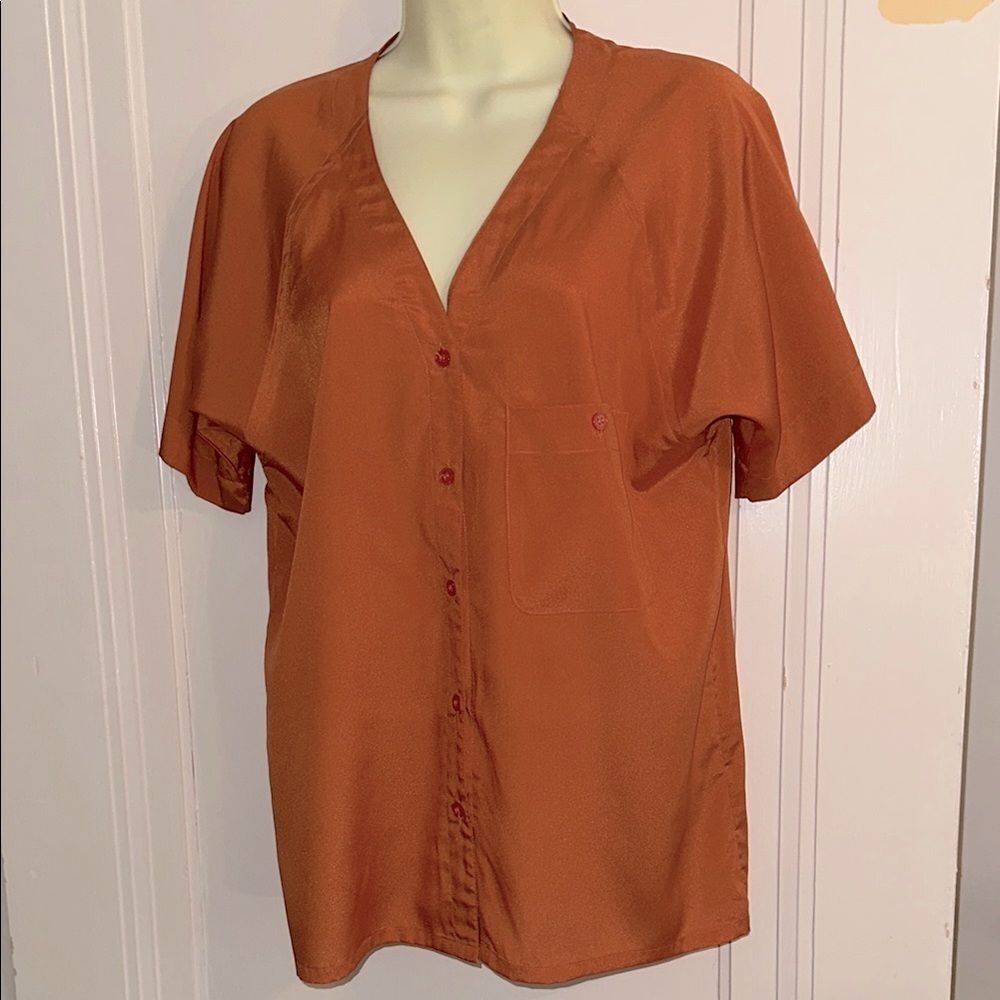 Vintage 70s/80s Irka Rust Orange Polyester Button-Up Short Sleeve Shirt